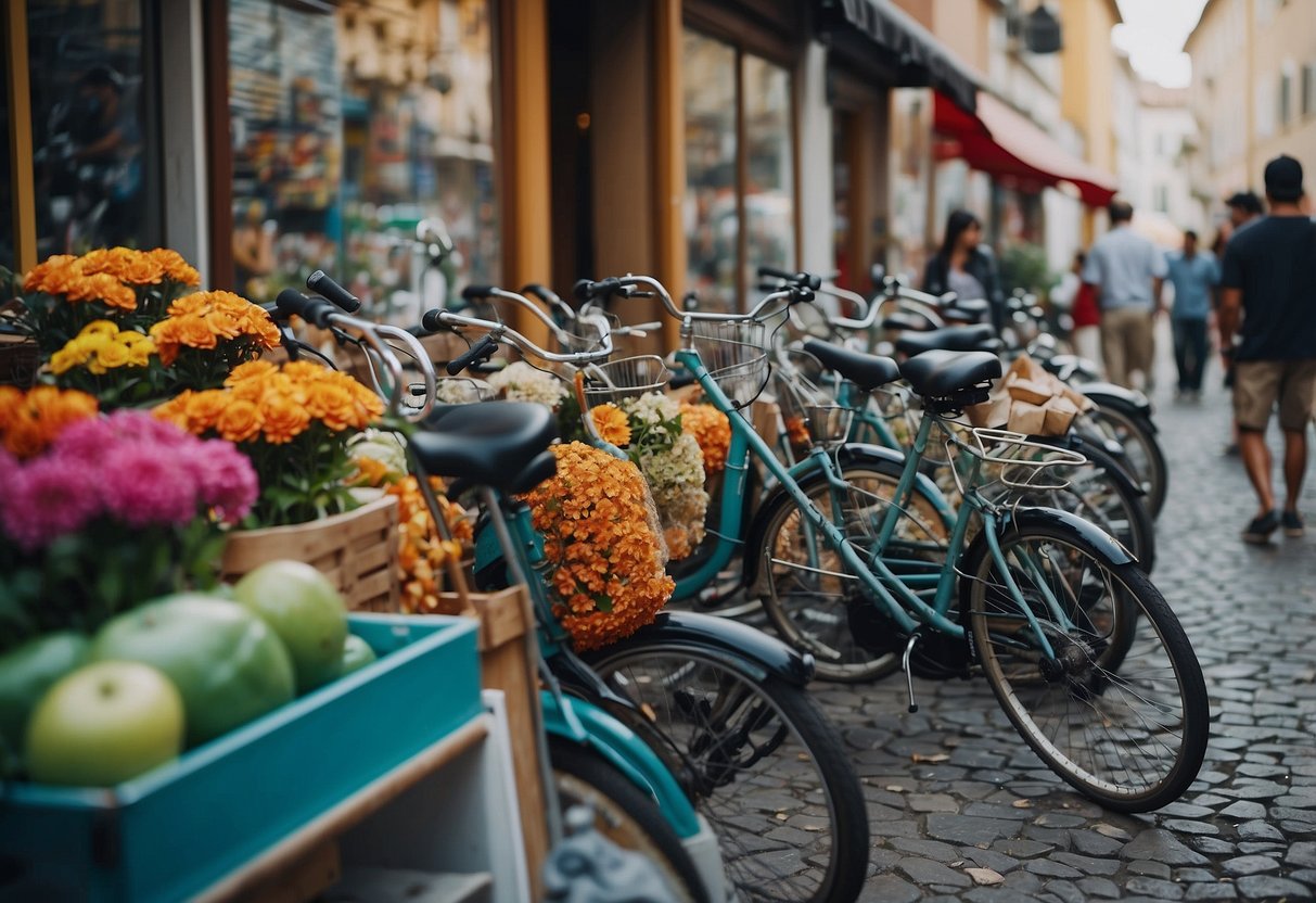 Colorful street art covers the walls, while bicycles and scooters line the cobblestone streets. A bustling outdoor market features unique crafts and local delicacies